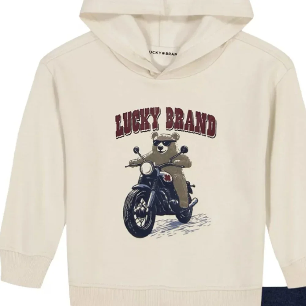 NWT LUCKY BRAND Boys 2pc Knit Hoodie and Joggers Set Bear Motorcycle Print Front